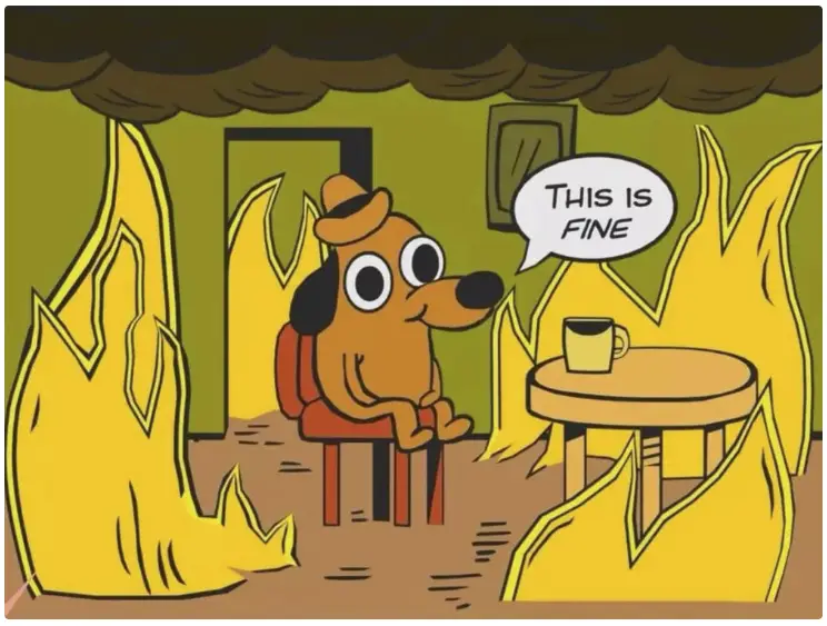 Cartoon dog calmly sitting in a burning room, an example where that’s situational irony because the response contrasts with the situation