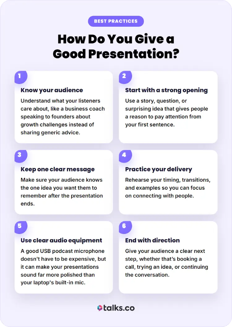 Checklist with tips for effective presentations, including knowing your audience, practicing your delivery, and ending with a clear call to action.