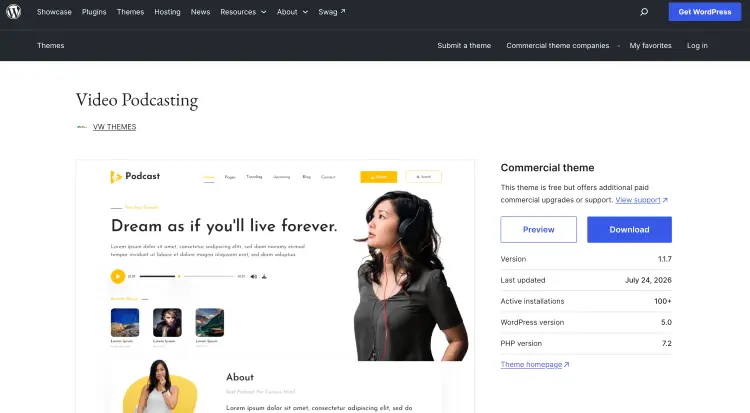 Video Podcasting WordPress theme for podcasters featuring episode navigation, an audio player, and a presenter-focused homepage.