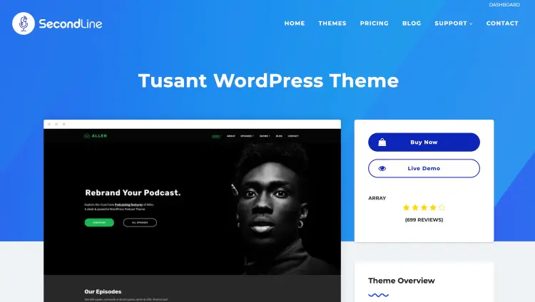 Tusant WordPress theme for podcasting displayed with an episode-focused homepage and prominent podcast branding.