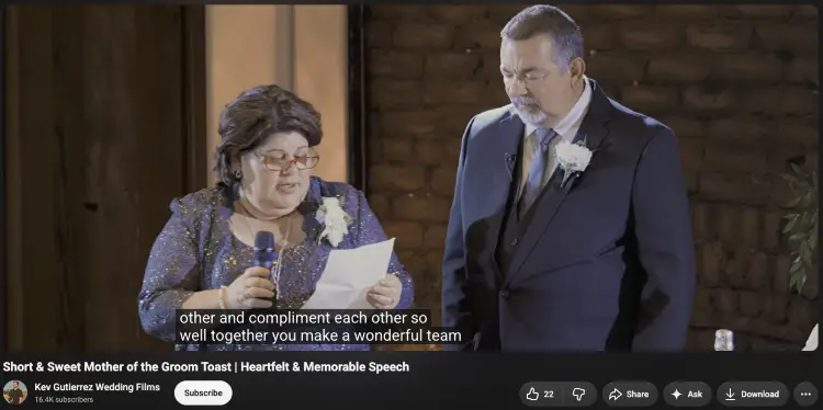 Mother of the groom reading words about his son during a heartfelt wedding speech