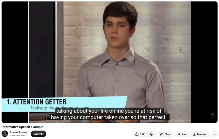 Informative speech example showing an attention getter used to structure your ideas at the beginning of a presentation