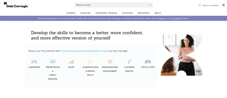 Dale Carnegie page featuring professional development and public speaking courses designed to help you become a better public speaker