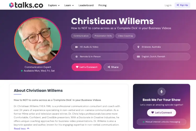 Talks.co platform profile for communication expert Christiaan Willems with presentation skills, availability, and booking details