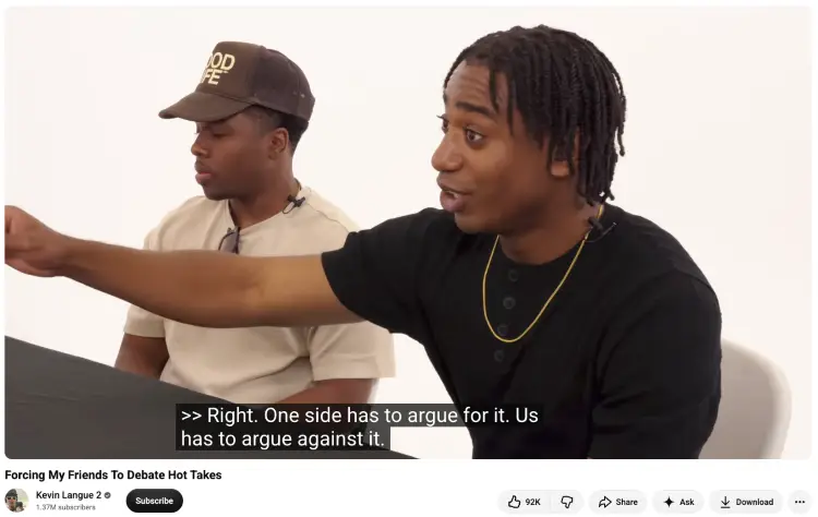 Friends having a debate for fun by arguing opposing sides of a hot take