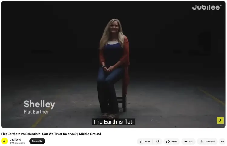 Flat Earth believer discussing her position in a debate that challenges the ability to think critically about evidence