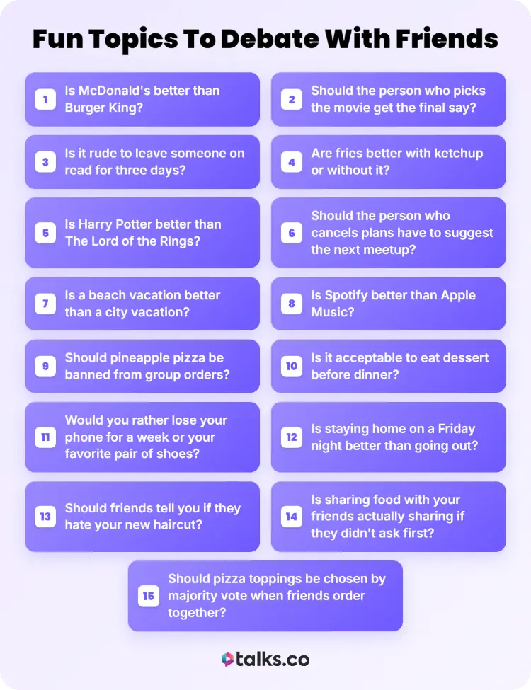 List of 15 fun debate topics for friends covering food, entertainment, relationships, and everyday choices