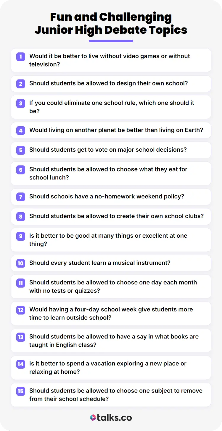 List of fun and challenging debate topics for middle schoolers covering school, technology, activities, and everyday choices