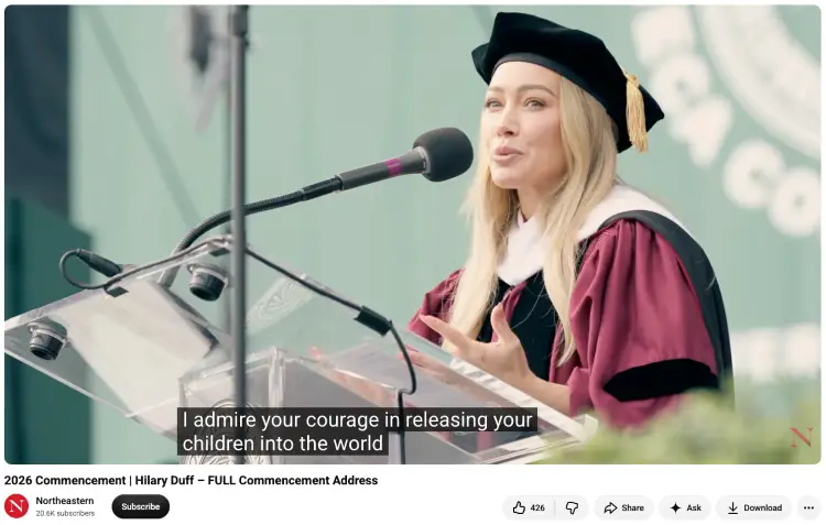 Hilary Duff delivering a graduation speech at a university commencement ceremony