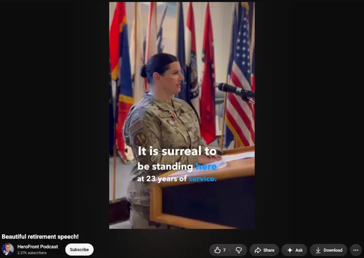 Military service member delivering a retirement speech at a podium after 23 years of service