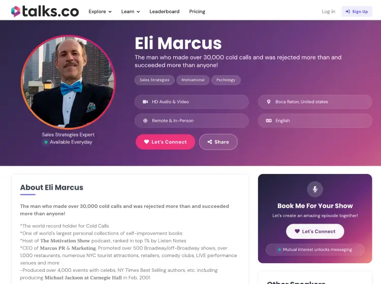 Paid speaker Eli Marcus profile featuring sales strategies, motivational speaking, psychology, and booking information