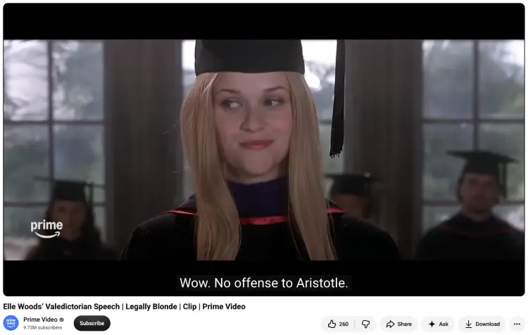 Scene from Legally Blonde showing Elle Woods delivering a valedictorian address as one of several graduation speech examples