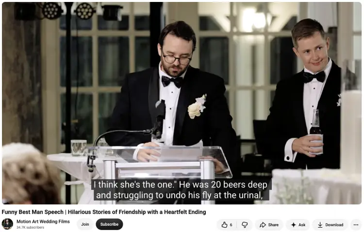 Best man delivering a funny and heartfelt groom speech while the groom listens beside him