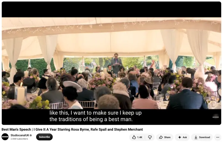 Best man delivering a groom’s speech to guests at a large wedding reception