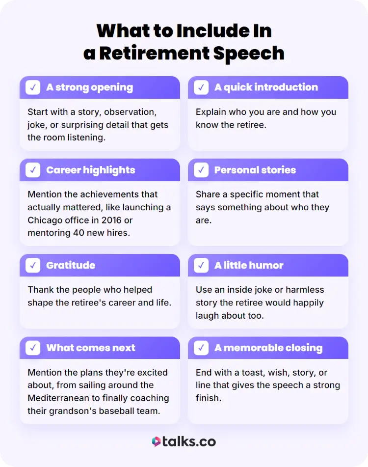 A guide to writing a retirement speech with career highlights, personal stories, gratitude, humor, and a memorable closing
