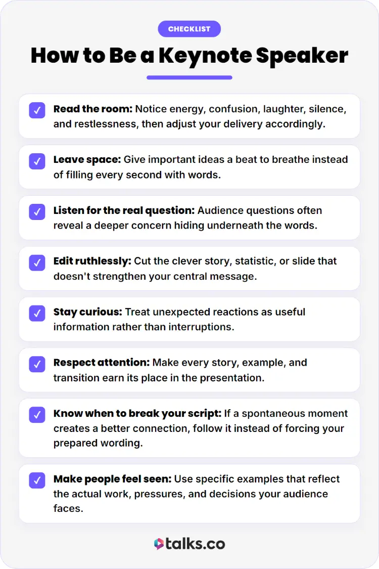 Checklist explaining how to become a successful keynote speaker by reading the room, adapting your message, and connecting with the audience