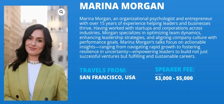 Speaker profile showing Marina Morgan with a quote of $3,000 to $5,000 for her speaking fee
