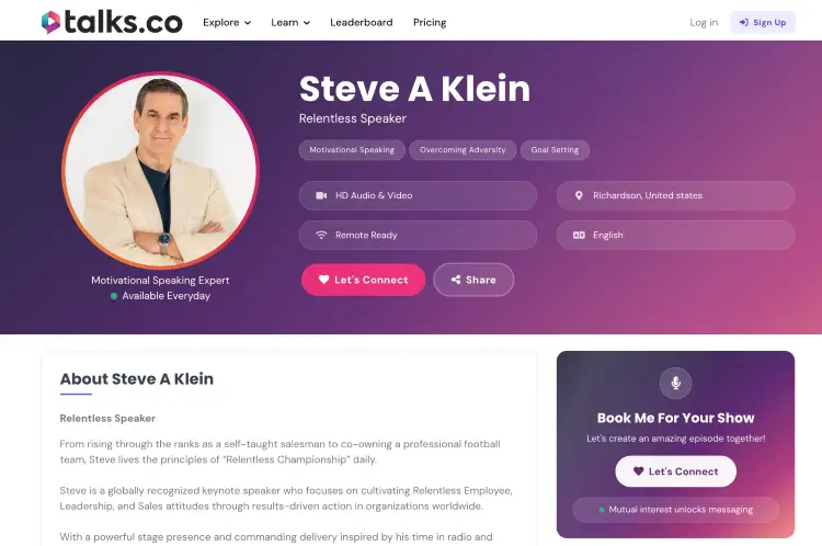 Profile example of successful keynote speakers featuring Steve A Klein and his motivational speaking expertise