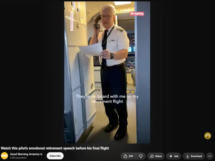 Retiring pilot giving one final speech to passengers and colleagues before his last flight