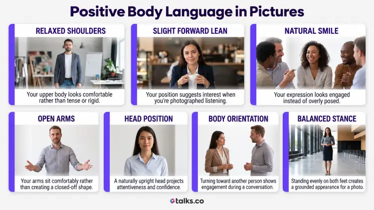 Positive body language in pictures showing relaxed shoulders, a forward lean, natural smile, open arms, upright head position, and balanced stance.