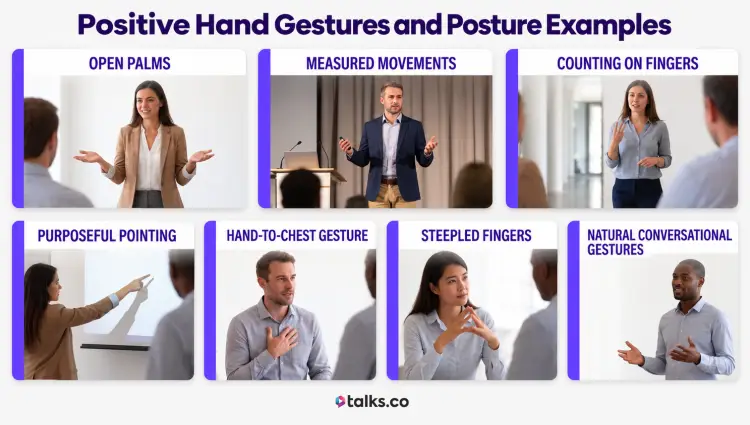 Positive hand gestures and posture examples showing open palms, measured movements, finger counting, pointing, hand-to-chest gestures, steepled fingers, and conversational gestures.