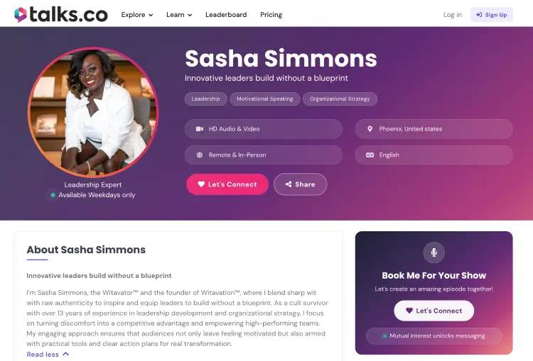 Professional speaker Sasha Simmons profile highlighting leadership, motivational speaking, and organizational strategy expertise