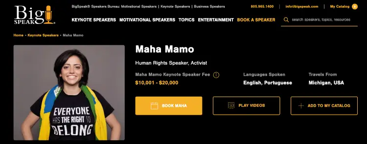 Speaker bureau profile showing speaker cost of $10,001 to $20,000 for a motivational keynote speaker