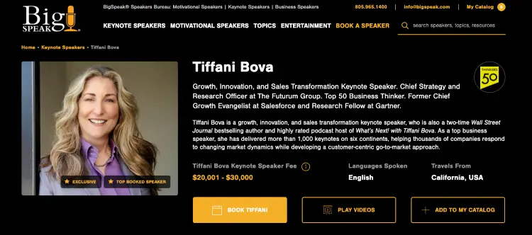 Keynote speaker Tiffani Bova profile displaying a speaking fee, illustrating the path to becoming a paid speaker