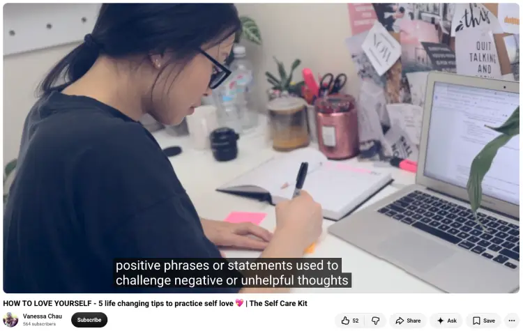 Woman writing positive statements as an exercise for replacing negative thoughts with positive ones