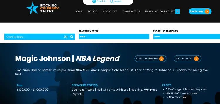 Celebrity speaker booking page showing Magic Johnson with fees starting well above 10k