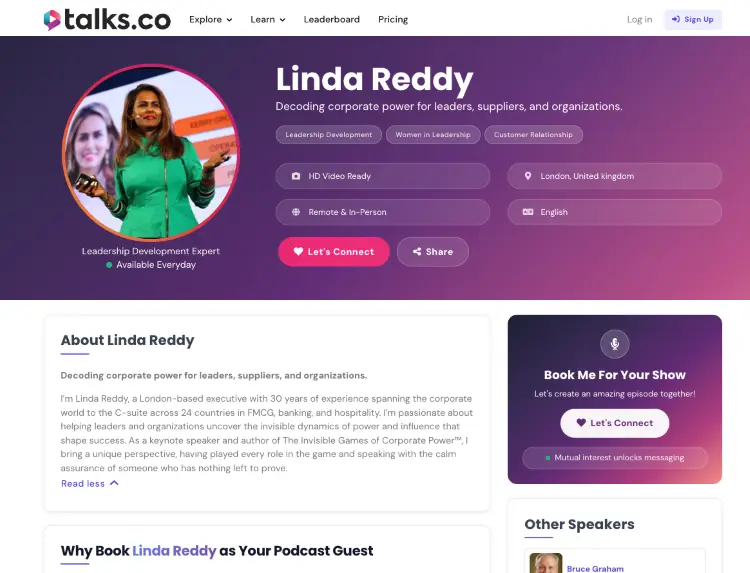 Talks.co speaker profile for leadership expert Linda Reddy showing how a detailed profile can add credibility