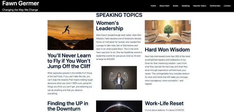 Keynote speaking topics that align with your expertise, including women's leadership, resilience, wisdom, and work-life themes