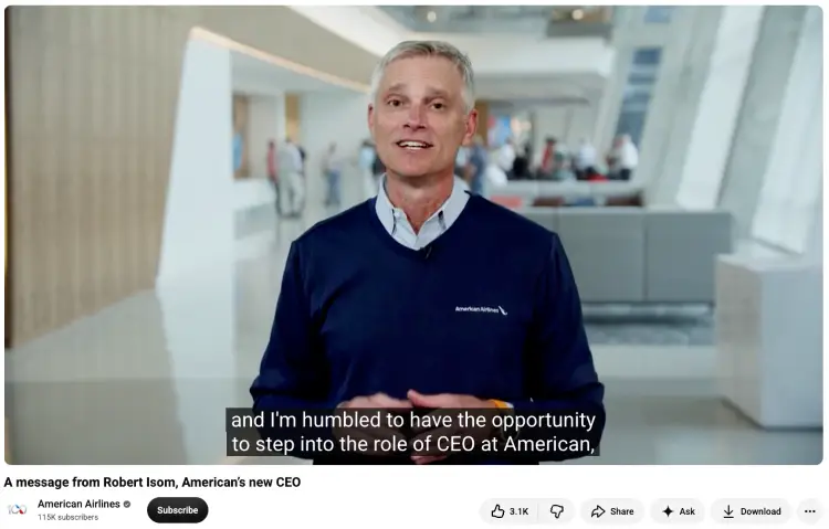 American Airlines CEO speaks to employees and viewers during a special event marking his move into the leadership role.