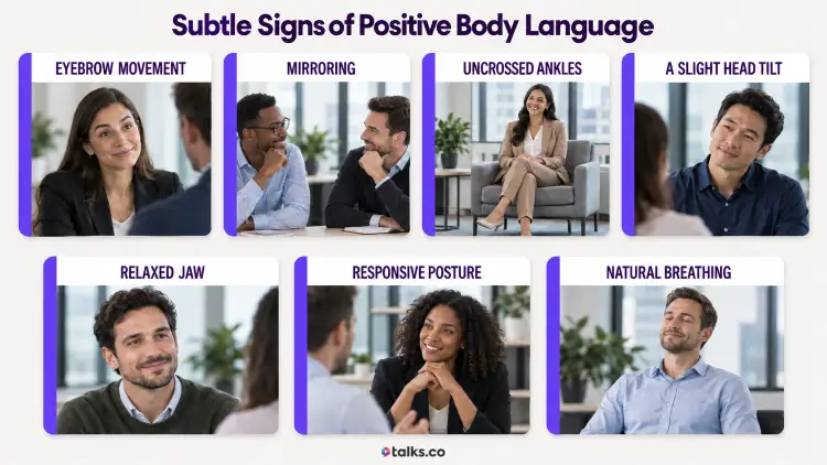 Subtle signs of positive body language including eyebrow movement, mirroring, uncrossed ankles, a slight head tilt, relaxed jaw, and responsive posture.