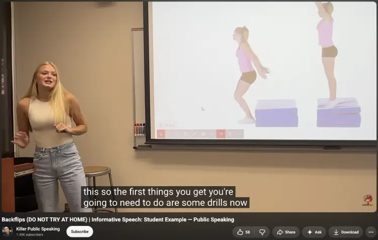 Student presenting instructional visuals as supporting evidence during an informative speech