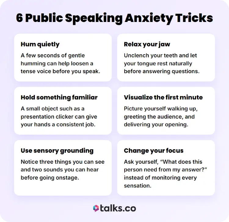 These six practical techniques can reduce public speaking anxiety by relaxing tension, grounding your attention, and changing your focus before speaking.