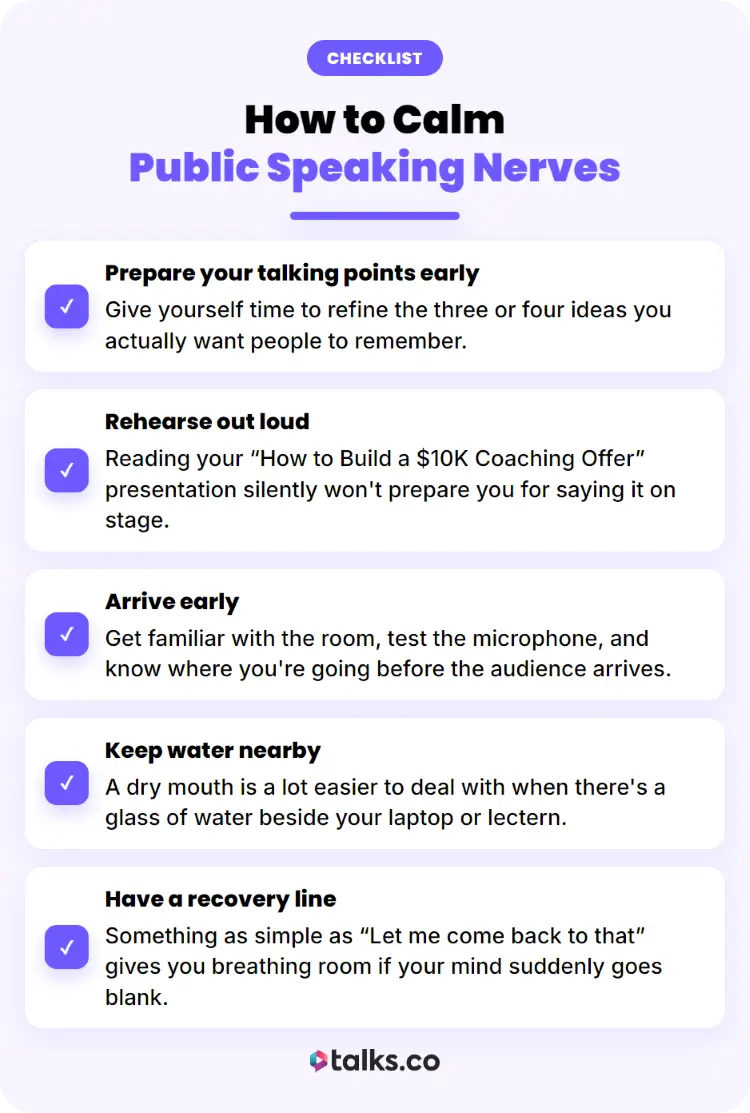 Checklist with practical ways to calm nerves before a speech, including preparation, rehearsal, and arriving early