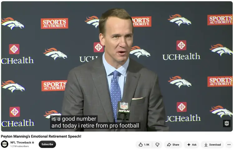 Peyton Manning delivers a well-crafted farewell speech announcing his retirement from professional football.