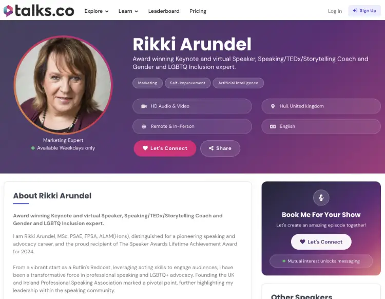 Talks.co profile of Rikki Arundel, showing her keynote speaking experience and credentials for organizers considering hiring a professional speaker.