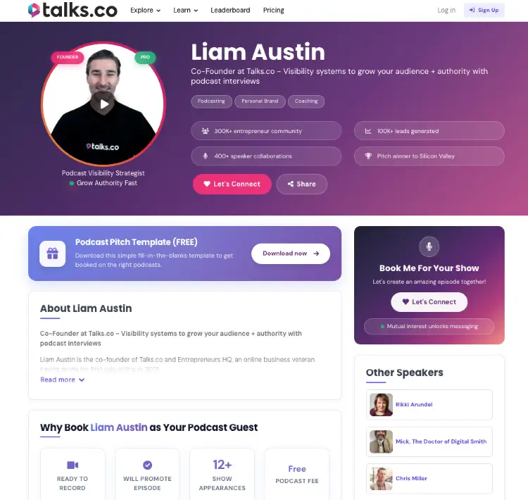 Talks.co speaker profile for Liam Austin showing how building a brand includes highlighting expertise, speaking experience, and professional achievements.