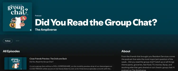 Podcast listing for Did You Read the Group Chat? on The Ampliverse, featuring a comedy podcast about friendships, pop culture, and entertaining conversations.
