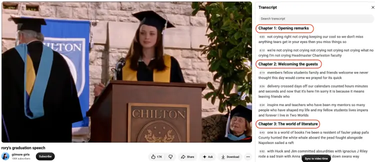 Female graduate delivering a speech at a Chilton graduation ceremony, with a video transcript showing the opening remarks and speech chapters as an example of commencement speeches.