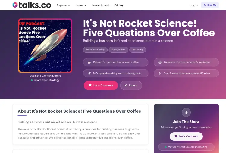 Talks.co listing for It's Not Rocket Science! Five Questions Over Coffee, showcasing creative podcast name ideas for business and entrepreneurship shows.