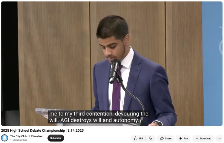 High school debater presenting counterarguments from a podium during a championship debate.
