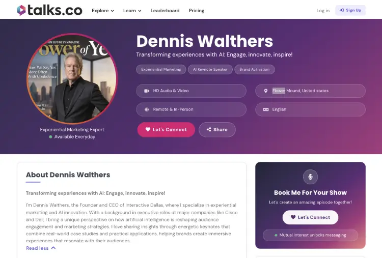 Talks.co speaker profile of Dennis Walthers, an experiential marketing and AI keynote speaker who aims to inspire audiences through innovation.