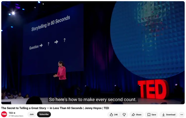 TED presenter engaging the audience with a visual presentation about telling a story in 60 seconds.
