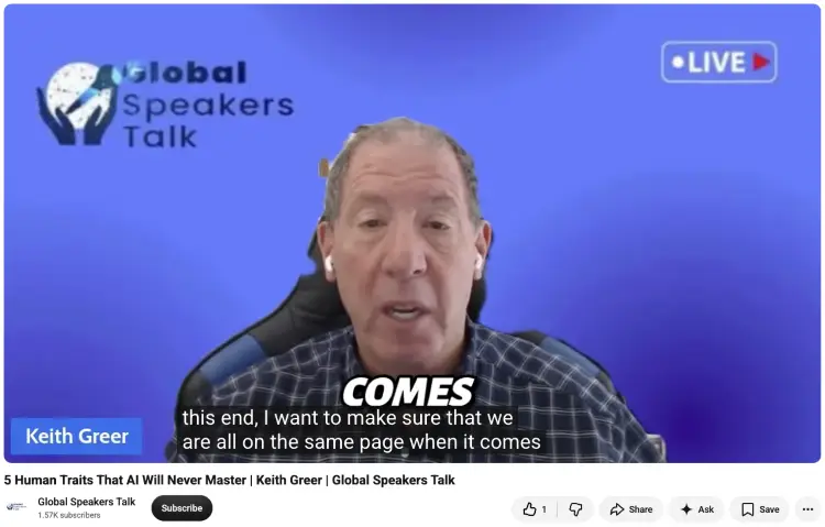 Keith Greer speaking during a Global Speakers Talk livestream about human traits and the importance of face-to-face conversations in an AI-driven world.
