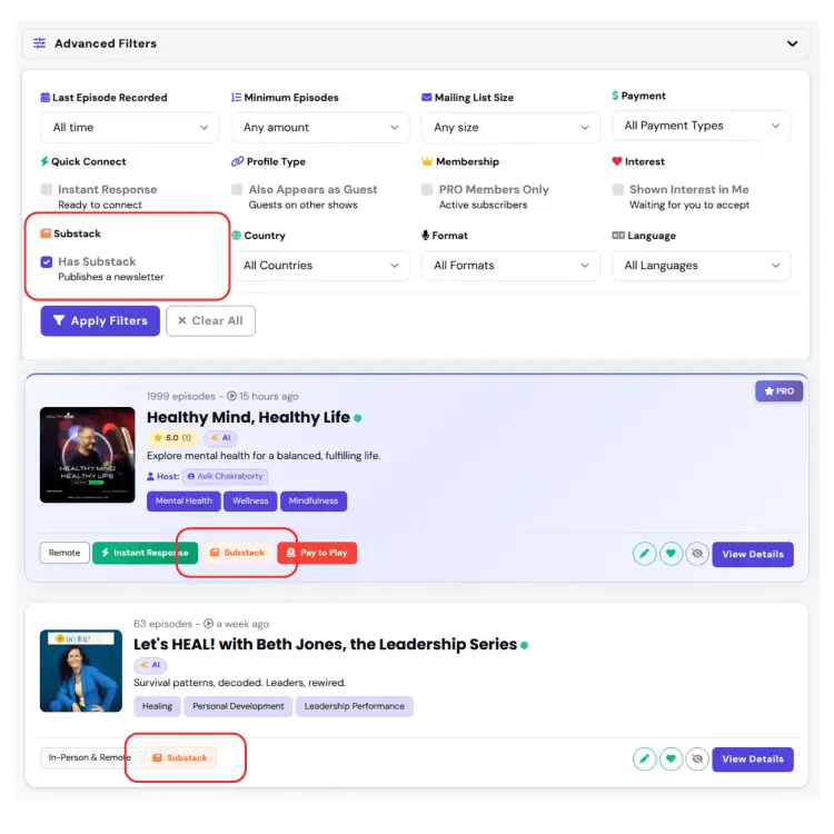 Talks.co Advanced Search filters used to find speaking and podcast opportunities based on profile and show criteria.