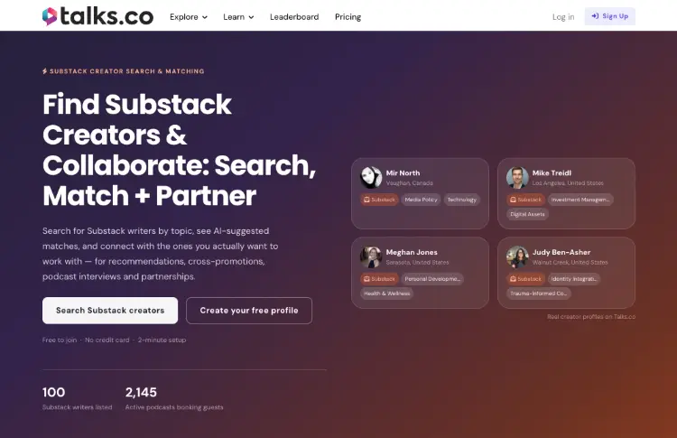 Substack for creators search and matching page on Talks for finding writers, newsletters, podcasts, and collaboration partners.