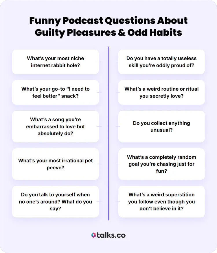 Hilarious questions for podcast guests about guilty pleasures, odd habits, unusual skills, pet peeves, and personal quirks.